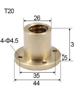T20 x 4 x 4mm Trapezoidal Thread Flange Brass Nut
